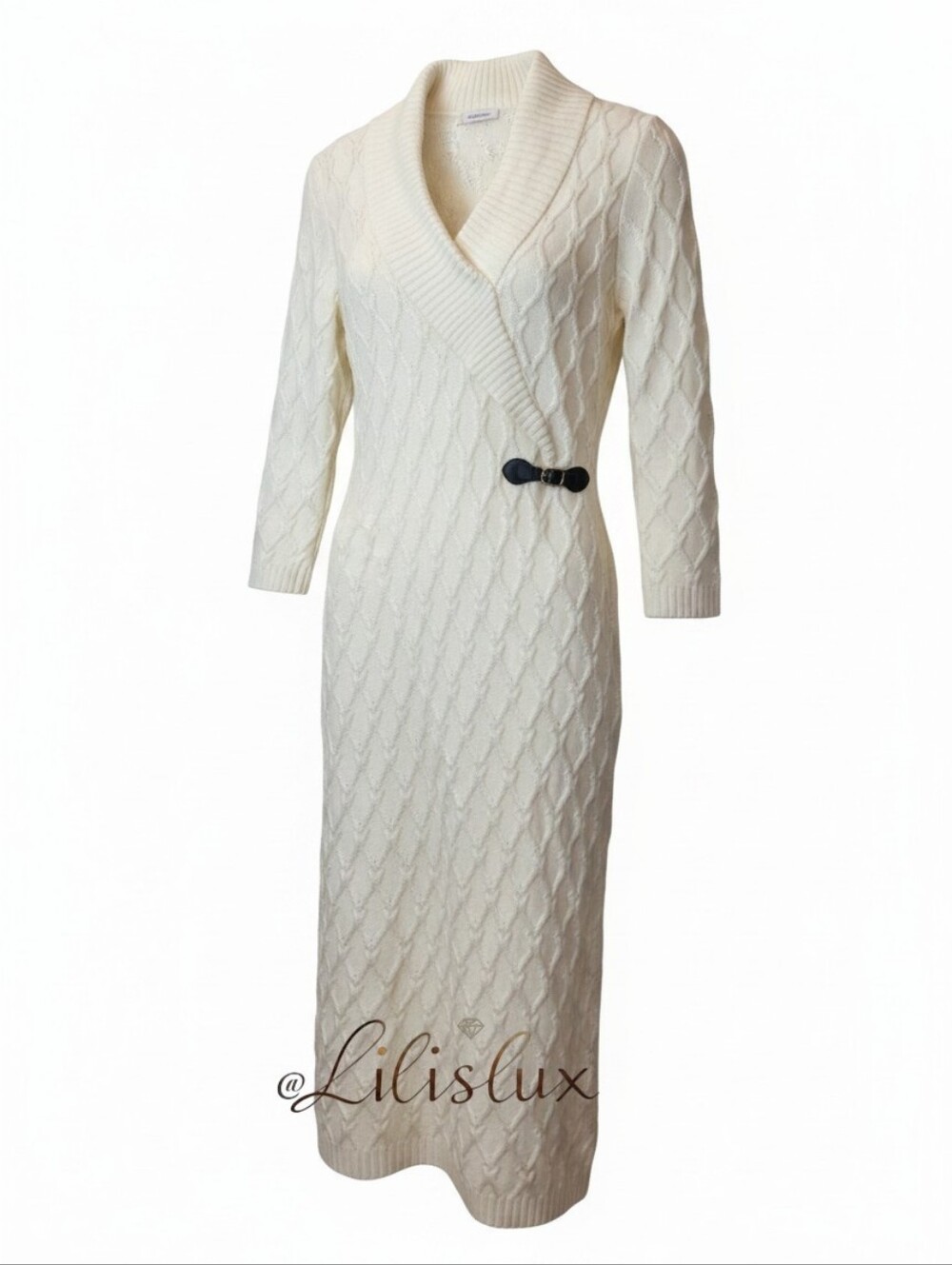 Calvin Klein Size M Ivory Cable Knit Faux Wrap Leather Buckle Sweater Dress EUC - Picture 14 of 16
